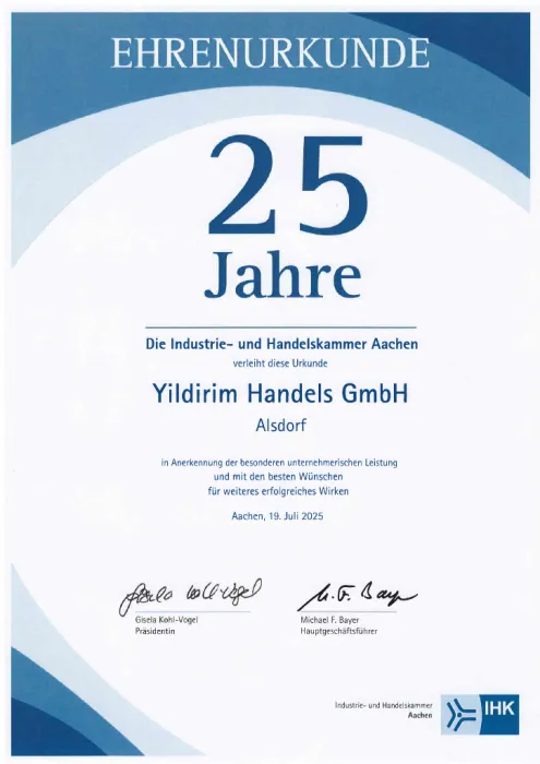 Ehrenurkunde der IHK Aachen: 25 Jahre Yildirim Handels GmbH in Alsdorf