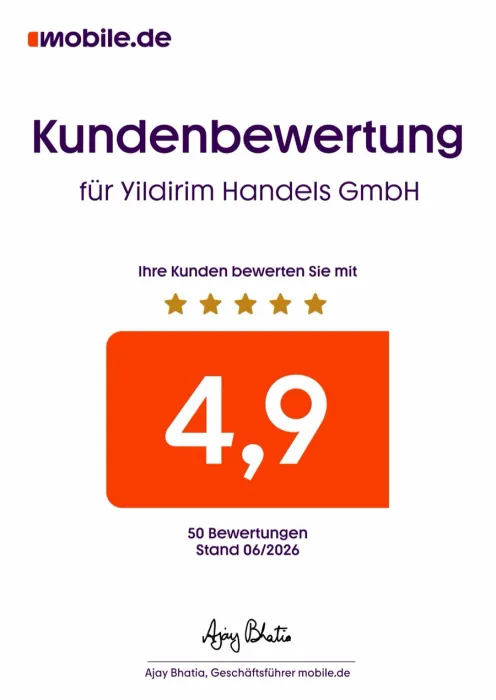 mobile.de Kundenbewertung 4,9 von 5 Sternen aus 50 Bewertungen für die Yildirim Handels GmbH